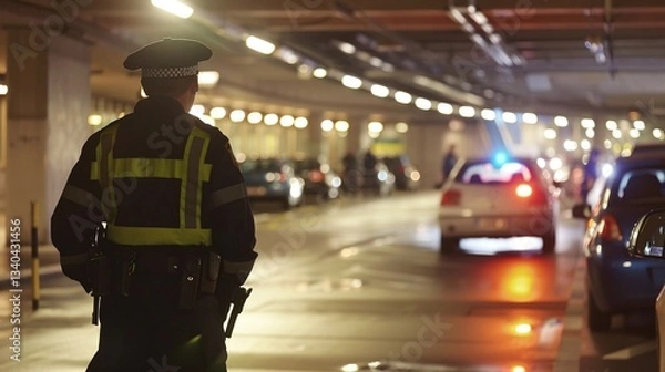 Obraz Police officer in reflective uniform standing on duty during night shift patrolling and monitoring an illuminated urban parking lot with parked vehicles and city architecture in the background
