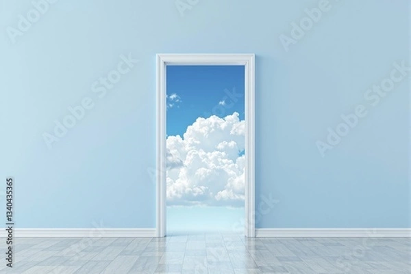 Fototapeta Surreal open door revealing a bright blue sky with fluffy white clouds.
