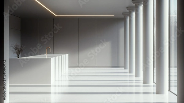 Fototapeta modern interior space featuring minimalist kitchen with sleek design, natural light casting shadows, and elegant columns