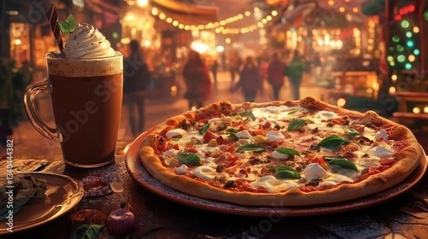 Fototapeta Warm Pizza and Hot Chocolate at a Festive Winter Market Experience in the Evening with Festive Lighting and Warm Lighting Effects by the Table. The Plate is on a Rustic Wooden Table. The Mug of Drink