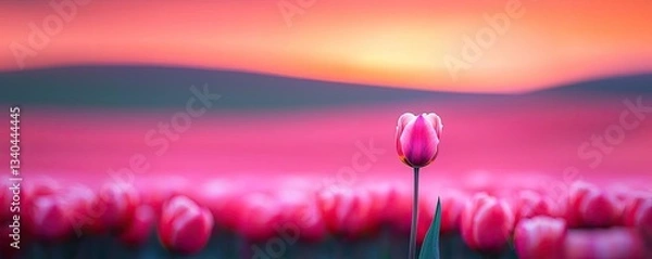 Fototapeta Macro flowers landscapes idea. A single vibrant pink tulip stands against a colorful sunset backdrop.