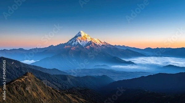 Obraz Mountain range landscapes idea. Breathtaking view of a majestic mountain at sunset with dramatic cloud formations.