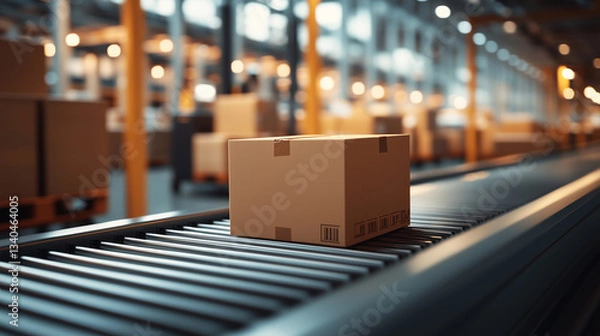 Obraz A brown cardboard package sits on a conveyor belt in a warehouse. Ai generated.