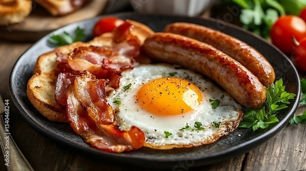 Fototapeta Breakfast egg ham sausages bacon tomato