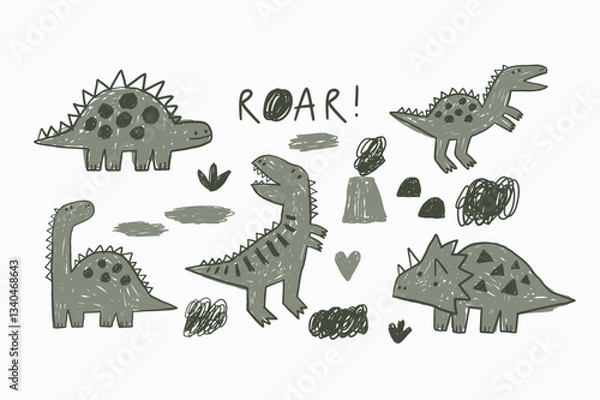 Obraz Cute cartoon hand drawn Dino. Sketch, doodle stile, vector illustration for kids. Cartoon Dosaur 