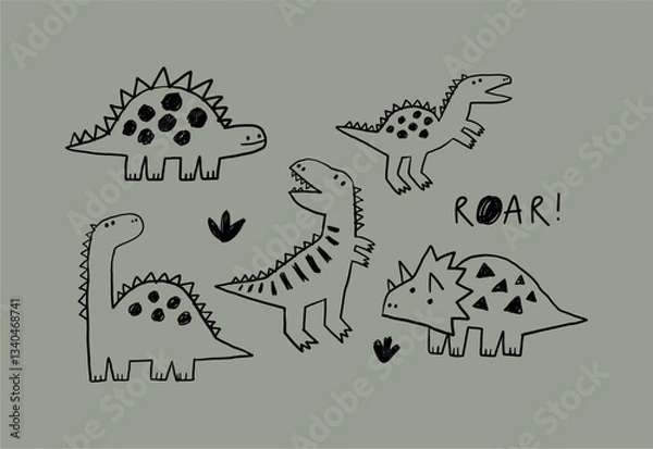 Obraz Cute cartoon hand drawn Dino. Sketch, doodle stile, vector illustration for kids. Cartoon Dosaur 