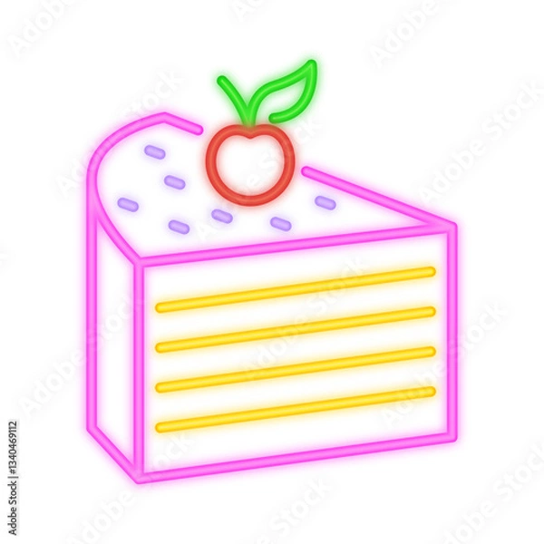 Obraz A glowing neon illustration of a layered cake slice with a cherry, green leaves, and berries on top, symbolizing desserts, sweets, and celebrations