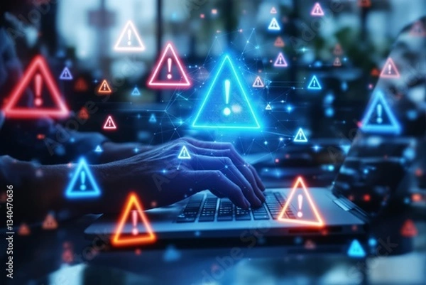 Obraz Cybersecurity threat concept with hands typing on laptop and warning symbols floating in digital space.