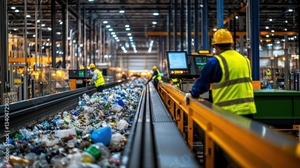 Fototapeta Workers Sorting Recyclable Materials at Waste Management Facility, Conveyors Full of Plastic, Glass, and Metal Scraps in Industrial Setting