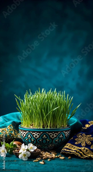 Fototapeta Minimalist Navruz Celebration with Wheatgrass and Elegant Islamic Design