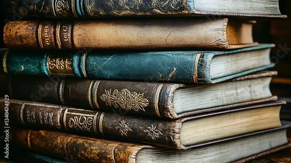 Fototapeta Stack of antique books, leather-bound, historical collection, scholarly