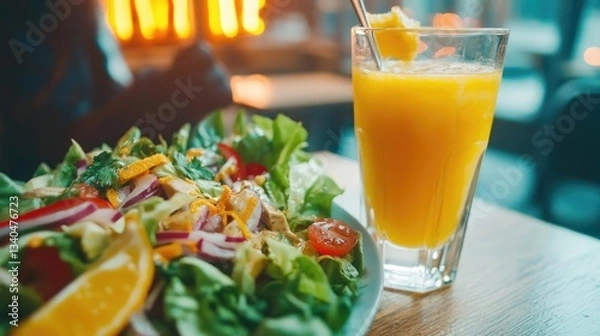 Fototapeta Closeup Vibrant Chicken Salad with Orange Juice in a Cozy Restaurant Setting with Healthy Ingredients in a Restaurant Environment.  Fresh Vegetables in a Delicious Meal Served with Juice. Vibrant