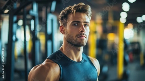 Fototapeta Young Fit Man Posing in Sportswear at a Modern Gym with Soft Lighting