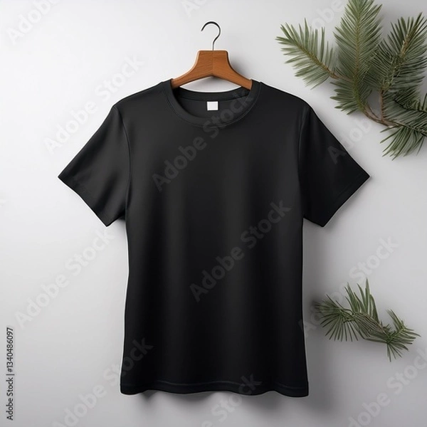 Fototapeta A perfectly straight black t-shirt hangs neatly against a crisp white background, showcasing its clean lines and smooth texture