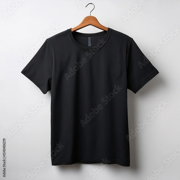 Fototapeta A perfectly straight black t-shirt hangs neatly against a crisp white background, showcasing its clean lines and smooth texture