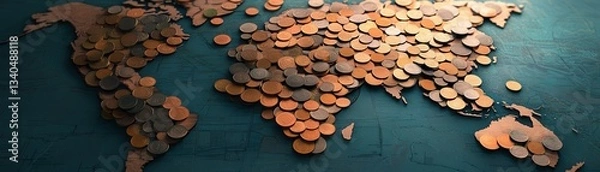 Fototapeta world map creatively covered with various coins, symbolizing global economy and finance. coins are spread across continents, highlighting international trade and monetary connections