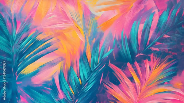 Obraz Tropical Vibes Abstract Palm Leaf Art in Pink Teal and Yellow