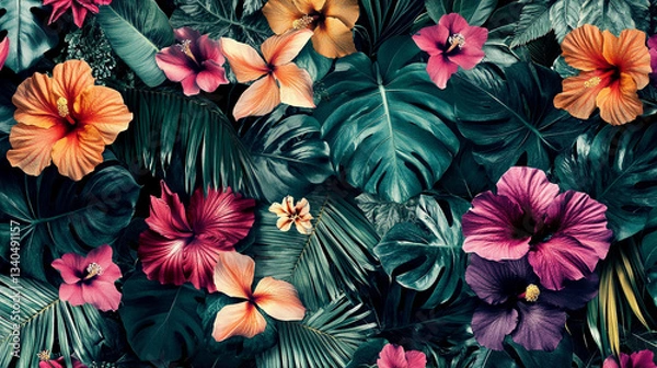Fototapeta Seamless floral pattern featuring vibrant blossoms design, Vibrant flowering plants showcase seasonal flowers and lush green leaves, floral patters and leaves background for invitation card and decor.