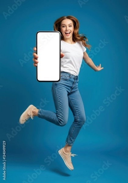 Obraz A cheerful caucasian woman in casual clothes jumps with excitement, holding a large smartphone with a blank screen blue background 02