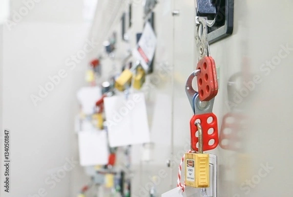 Obraz Lockout Tagout , Electrical safety system.Key lock switch or circuit breaker for safety protect.in electric room