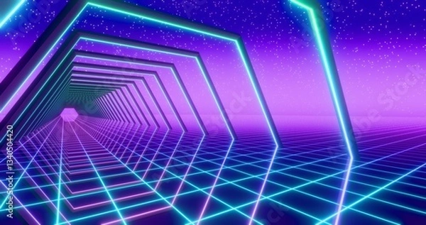 Obraz Futuristic glowing neon gate and wireframe background. Shining grid planes and gates in perspective. Bright retro digital horizon. Starry sky. 3D rendering.