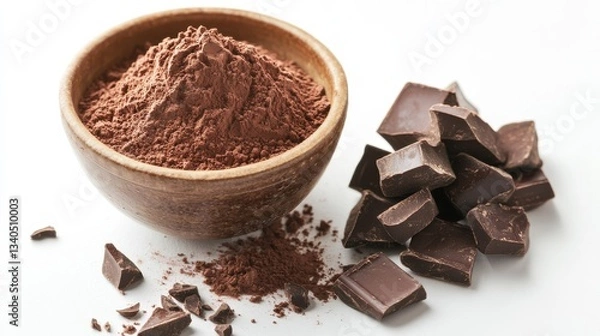 Fototapeta A photostock images of rich cocoa powder in a bowl next to chocolate pieces on a clean white background
