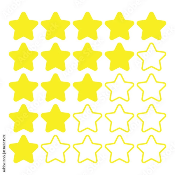 Fototapeta Rating star badges for feedback and reviews. Customer satisfaction ranking with five star product ratings in various styles.