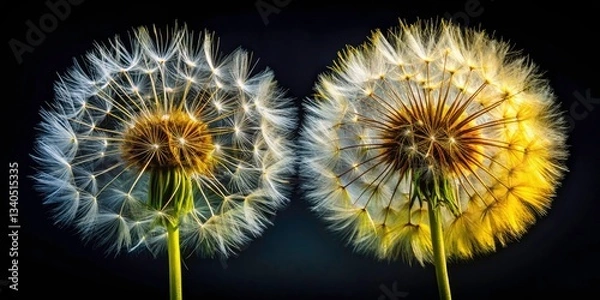 Fototapeta Black Background Dandelion Photography, Two Dandelions, Macro Dandelion, Close Up Dandelion, Dark Background Flower