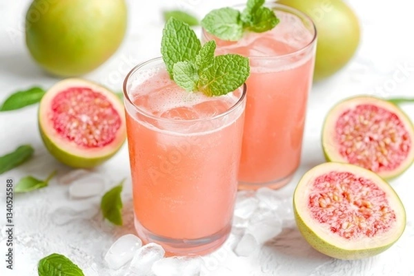 Fototapeta Refreshing Guava Fizz Cocktail – Summer Iced Tea with Mint in Glasses