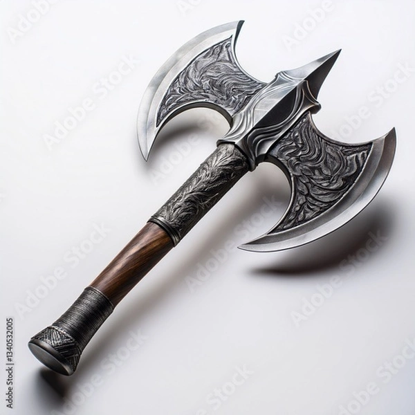 Fototapeta A fierce war axe with a sharp, double-edged blade rests against a clean white background, highlighting its rugged design and polished metal