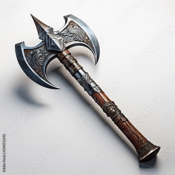 Fototapeta A fierce war axe with a sharp, double-edged blade rests against a clean white background, highlighting its rugged design and polished metal