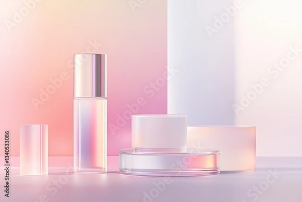 Fototapeta Smart skincare lab with AI-driven molecular fusion tanks, nano-particle serums being formulated in floating glass vials, soft holographic ingredient breakdowns