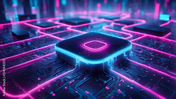 Obraz Abstract image a futuristic neon circuit board glowing pink blue lines, showcasing technological advancement innovation.
