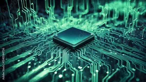 Fototapeta Abstract image a central processing unit (CPU) a complex circuit board, showcasing intricate electronic pathways shades green teal.