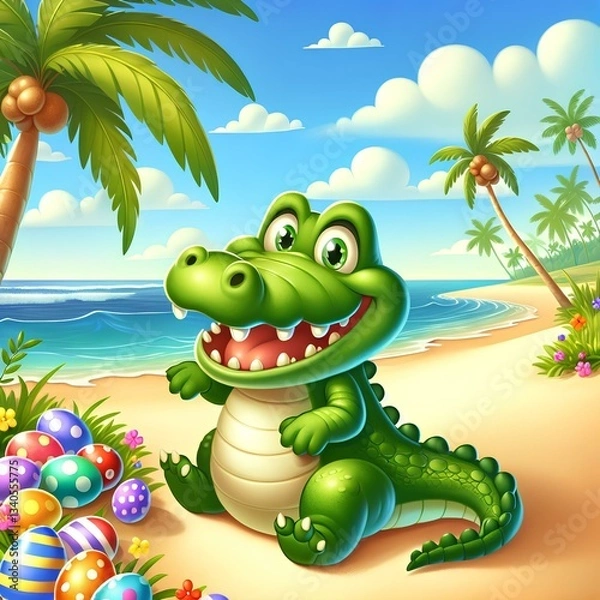 Fototapeta Crocodile on the beach with Easter eggs.