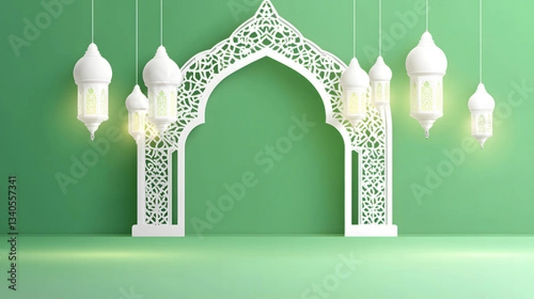 Fototapeta **A simple vector illustration featuring a radiant green background illuminating a white, elegant paper arch with delicate Islamic patterns and lanterns hanging from it.