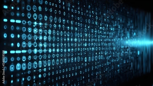 Fototapeta Abstract background image featuring a digital data stream glowing blue icons flowing a dark space.