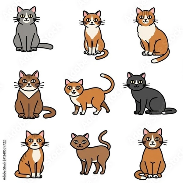Fototapeta Discover the charm of illustrated cats in various poses and colors perfect for cat lovers.