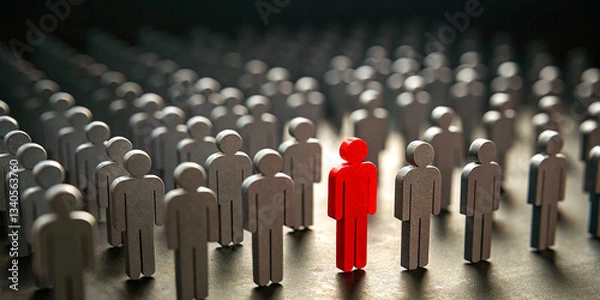 Fototapeta Leadership, standing out from the crowd, individuality, red figure among grey figures, contrast, uniqueness, courage, different perspective, challenging the status quo, sea of conformity, bold choice,