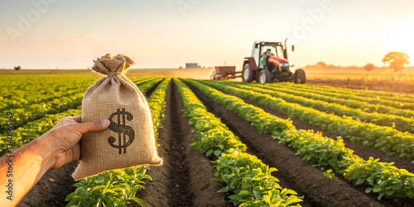 Fototapeta Agricultural landscape, farm field rows, green crops, red tractor in distance, burlap money bag with dollar sign in foreground, golden sunlight, rural scene, fertile soil, farming economy, abundant ha