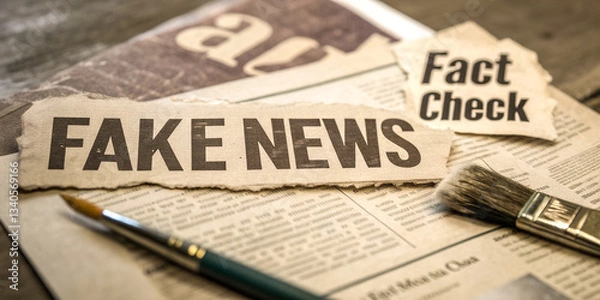 Fototapeta Newspaper clippings, "Fake News" headline, "Fact Check" text, vintage newsprint texture, green pen, sepia tones, close-up view, media literacy concept, disinformation theme, journalistic integrity, fa