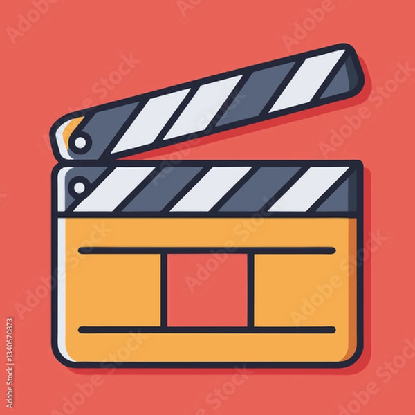 Fototapeta Film Clapperboard Vector Icon Design, A vector design of a film clapperboard with a striped top, set against a red background, symbolizing movie production.
