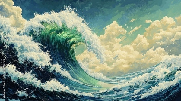 Obraz Powerful ocean wave crashing against the sky.  Vast, emerald-green wave, frothing, and surging in a dynamic display of nature's raw power.  Dramatic sky with clouds