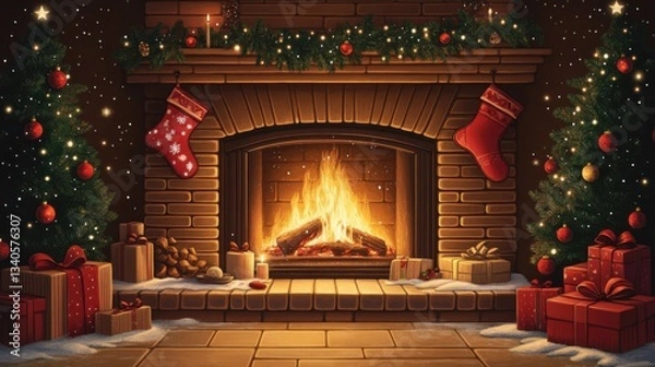 Fototapeta Cozy fireplace with stockings winter wonderland digital illustration home interior warm atmosphere