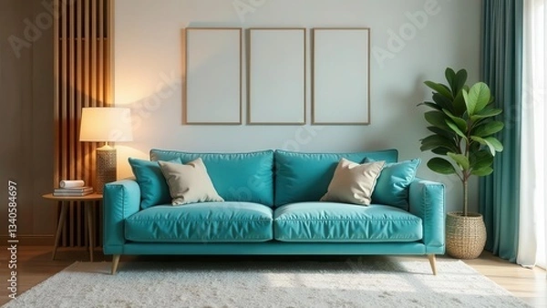 Fototapeta Modern Teal Sofa in a Serene Living Room with Minimalist Decor and Natural Light