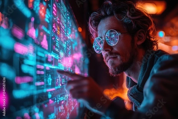 Fototapeta Man using ai technology on huge display