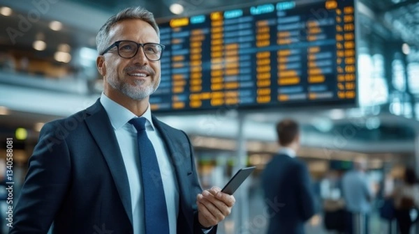 Fototapeta A man in a suit and tie is smiling and holding a cell phone