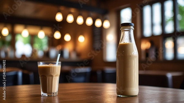Obraz bottle of cold plain milk coffee on wooden table with bokeh cafe background