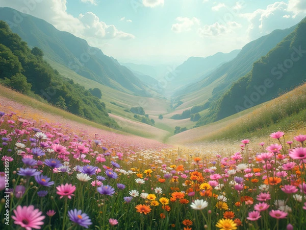 Fototapeta A valley where the flowers change colors with the wind.
