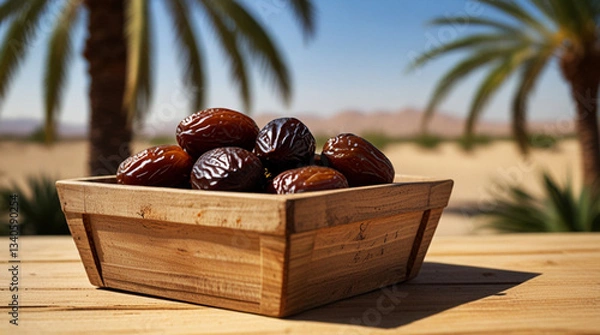 Obraz dates in a wooden container on a wooden table with a desert and date palm tree background